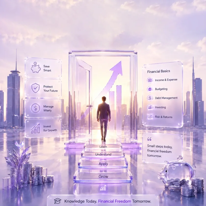 A person stepping through a doorway onto steps marked Learn, Understand, Apply and Grow, beside panels listing the financial basics: income and expense, budgeting, debt management, investing, risk and returns.
