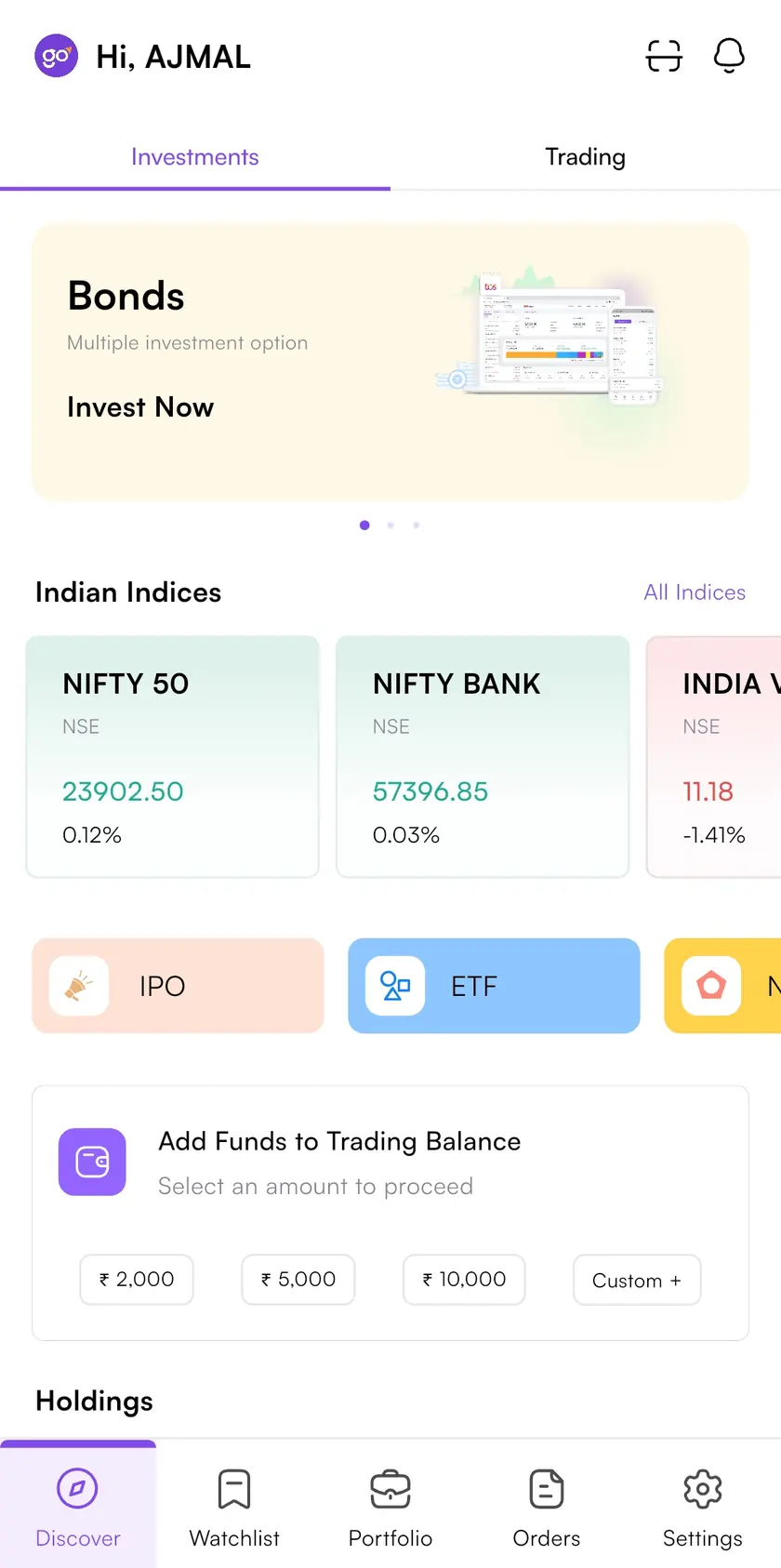The GoPocket app home screen, with Indian indices, quick links and the Watchlist tab in the bottom bar.