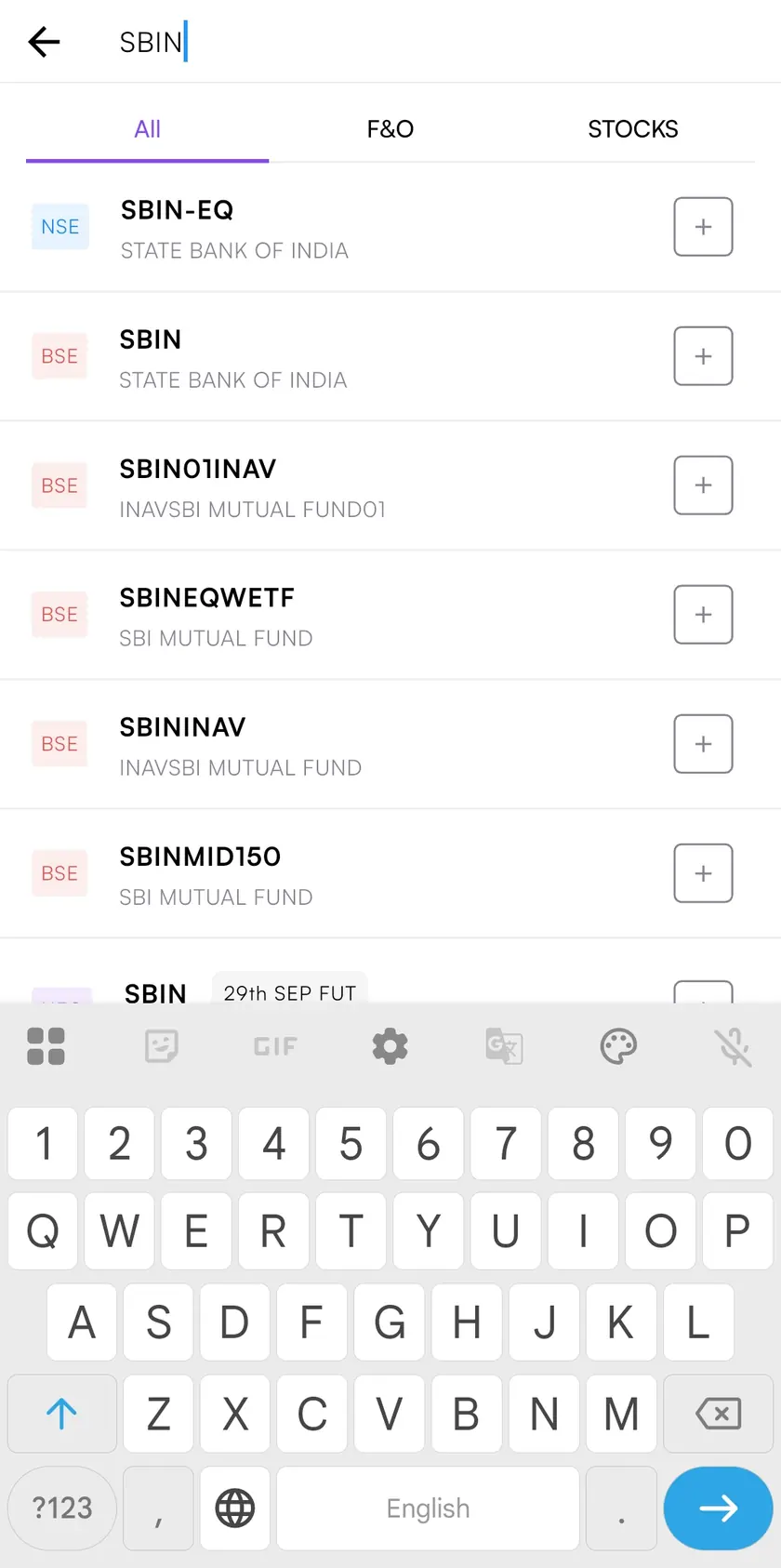 The in-app search screen with SBIN typed in, listing SBIN-EQ on NSE and the matching BSE and mutual fund results.
