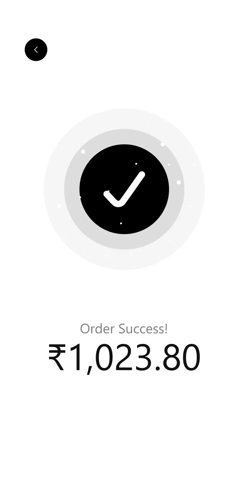 An order confirmation screen: a large tick above the words Order Success and the amount 1,023.80 rupees.